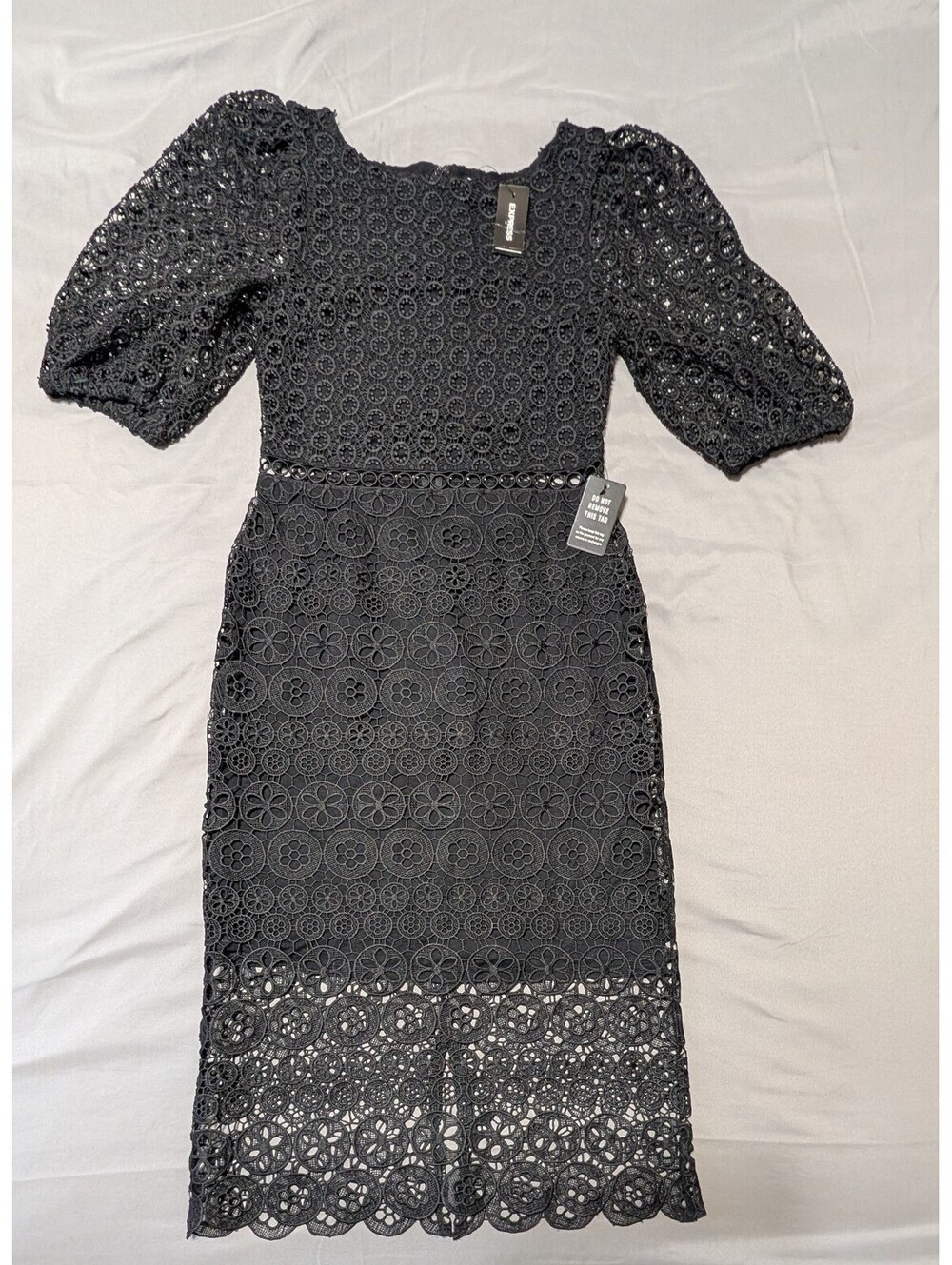 Express NWT Black Crochet Lace Midi Dress Puff Sleeve Eyelet Sheer Hem XS